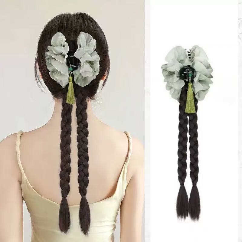 Ancient-Style Ponytail Hair Clip with Tassels, Long Hair, Double Braids, Realistic Hair, Braided Hair, Twisted Braids, Fluffy Wig Ancient-Style Ponytail Hair Clip with Tassels, Long Hair, Double Braids, Realistic Hair, Braided Hair, Twisted Braids, Fluffy Wig
