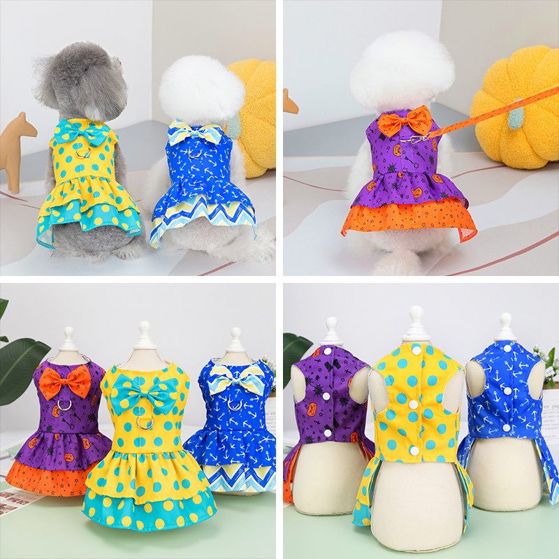 Puppy clothes Pet clothing bow tie traction rope skirt Bomei…