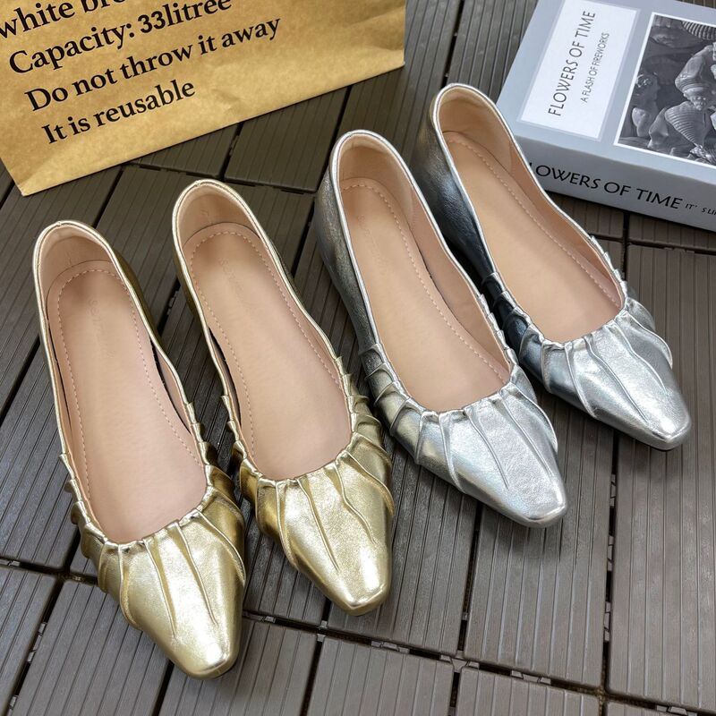 2025 French-Style Mary Jane Pointed-Toe Silver Versatile Shallow-Mouthed Women's Shoes with a 5cm Hidden Heel for Petite Individuals, Low Heel, Flat Sole