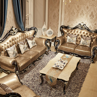 European-Style Sofa European-Style Leather Sofa 123 Combination American-Style Solid Wood Ebony Simple European Luxury Palace Villa Living Room