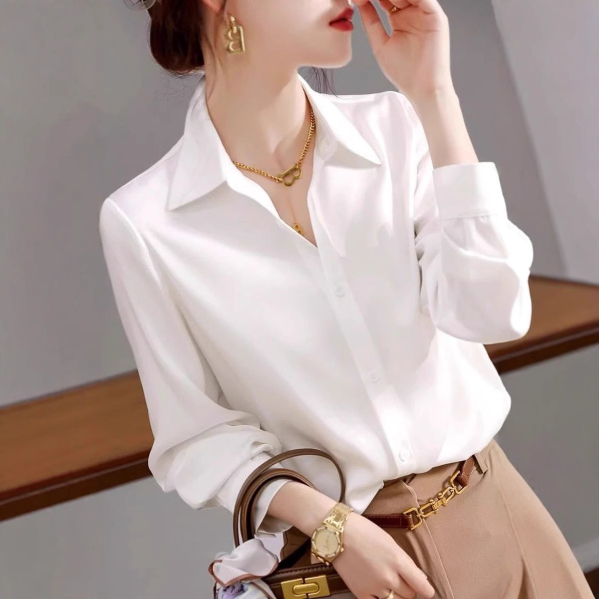 白色緞面襯衫女長袖春裝大碼寬鬆設計感小眾氣質內搭打底襯衣上衣
