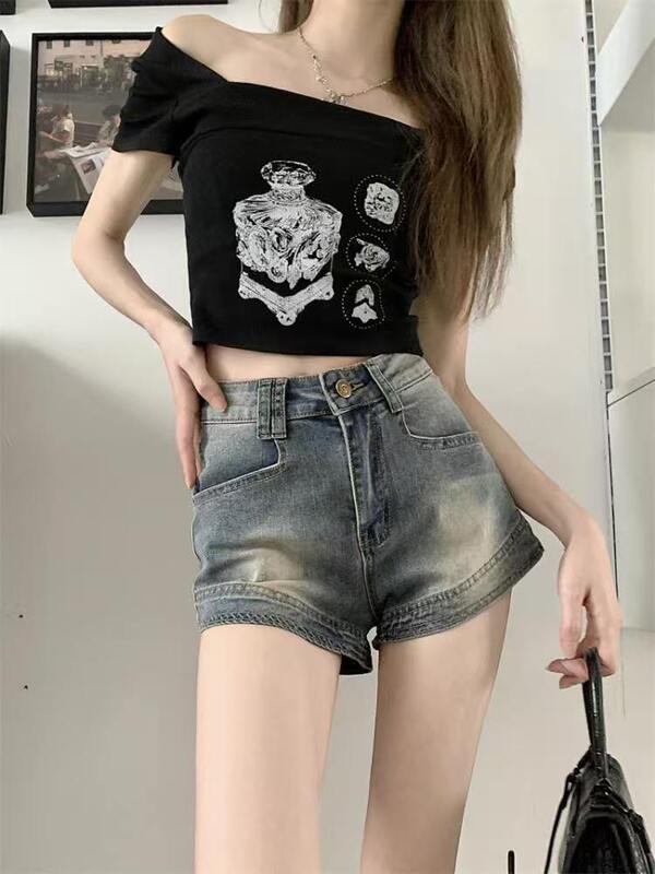 复古辣妹休闲高腰牛仔短裤女夏季2025新款宽松显瘦阔腿百搭热裤子|undefined