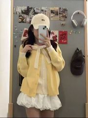 韩系学院风假两件蝴蝶结绑带针织开衫慵懒宽松显瘦上衣毛衣女装