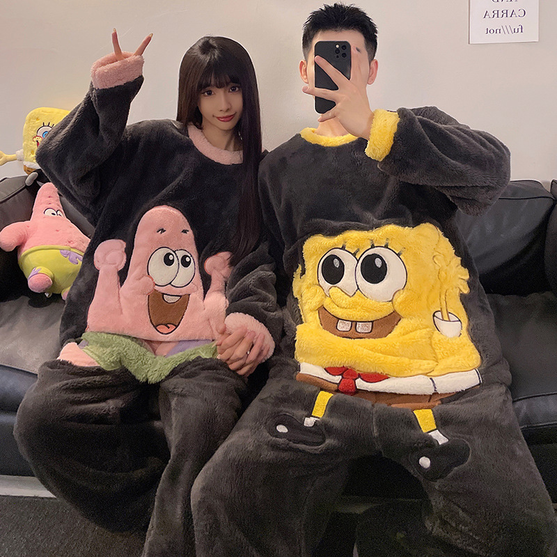 Couple Pajamas Women's Thickened Coral Fleece Autumn and Winter Cartoon Spongebob Cute Men's Suit Winter Home Clothes
