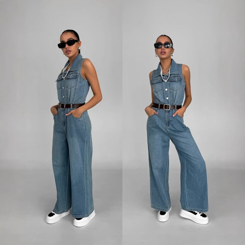 European and American Style Vintage Distressed Pants for Women, Korean Version Straight-Leg Pants, Sleeveless Jumpsuit, Thin Denim Wide-Leg Pants