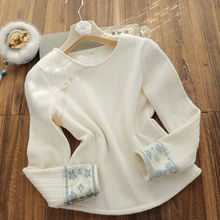 复古民国风圆领加绒加厚长袖衬衫上衣2025年秋冬新款米白色打底衫