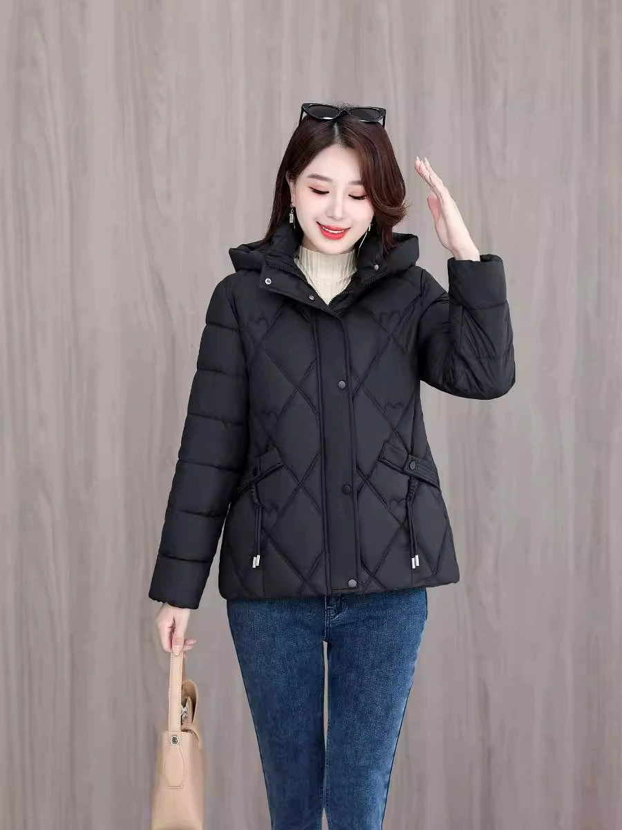 Winter short fitted warm down jacket with down with hood, Korean style, for middle age