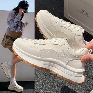 [Usilai] Genuine Leather High-Top White Shoes for Women 2025 New Spring & Fall Versatile Thick-Soled Casual Running Sneakers