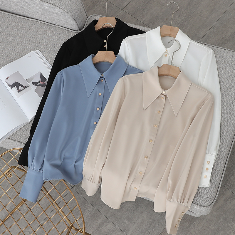 2026 Spring/Summer New Satin Long-Sleeve Shirt for Women with Unique Design, Metallic Texture, Elegant Commuting Style, and Western-Inspired Top