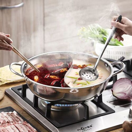 Stainless steel hot pot with thin lamb and duck meat, thick clear soup pot, two flavors, separate pots with double ears and lid, suitable for home and commercial use