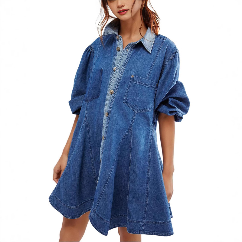 In-Stock 2026 Spring and Autumn European and American Cross-Border Foreign Trade Women's Long Lantern Sleeve Button-Up Shirt Denim Dress In-Stock 2026 Spring and Autumn European and American Cross-Border Foreign Trade Women's Long Lantern Sleeve Button-Up Shirt Denim Dress