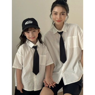 日系短袖领带衬衫亲子夏季宽松学院风百搭幼儿园毕业演出服家庭装