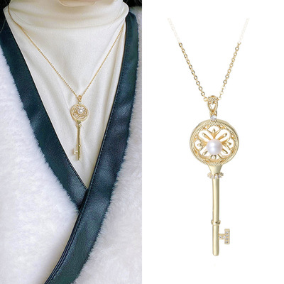 小衆設計感銅鍍真金鑰匙項鏈 淡水珍珠小圓珠裝飾吊墜含鏈子批發