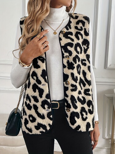 Autumn and winter new arrival European and American women's fashion plush vest with leopard-print front buttons for ladies
