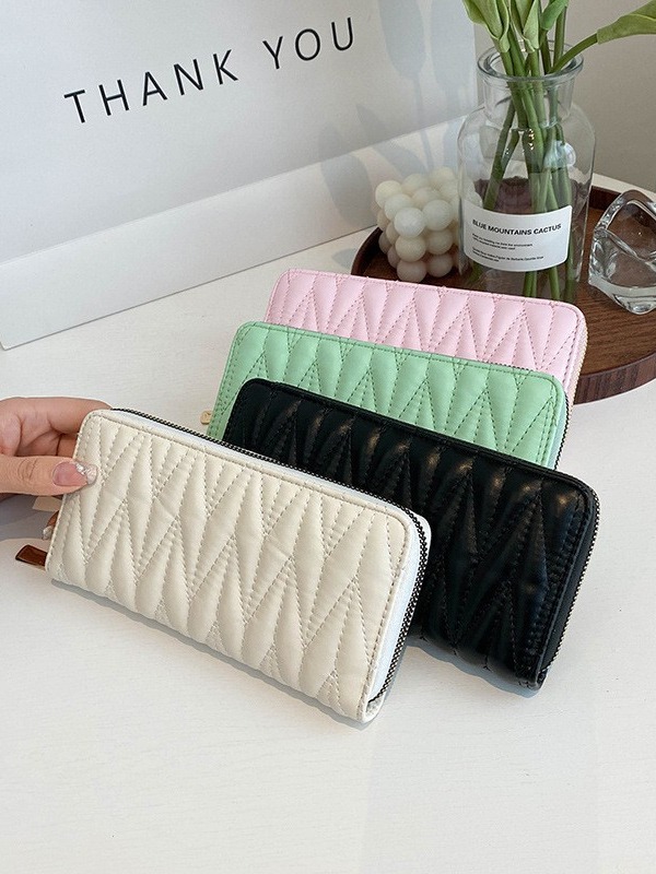 Trendencias nuevas carteras de mujer en Europa y América moda PU bordado línea larga bolso de mano color sólido monedero de gran capacidad monedero de cambio