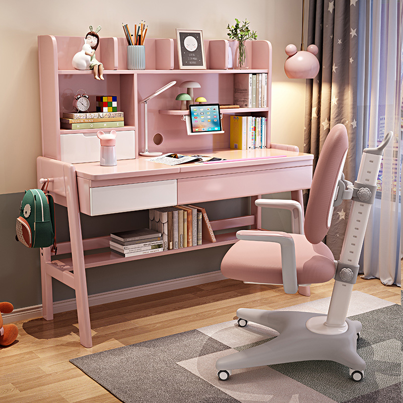 Children's Study Table and Chair Set Can Be Lifted and Lowered Solid Wood Desk Bookshelf Combination Home Bedroom Student Writing Desk