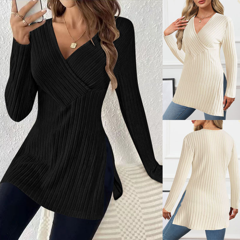 2025 Cross-Border Women's Clothing European and American Amazon Autumn and Winter New Long-Sleeved Pure Color V-Neck Casual Home Pit Top