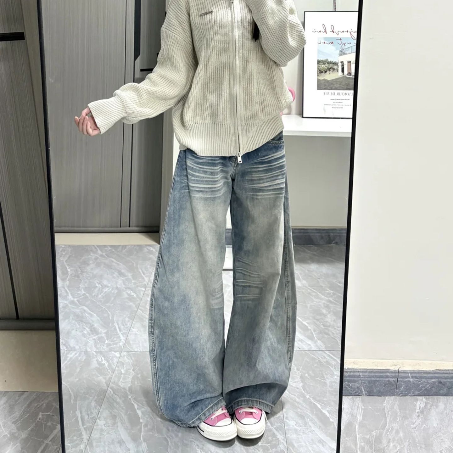 高个子加长美式复古水洗做旧猫须牛仔裤女宽松显瘦阔腿垂感弯刀裤