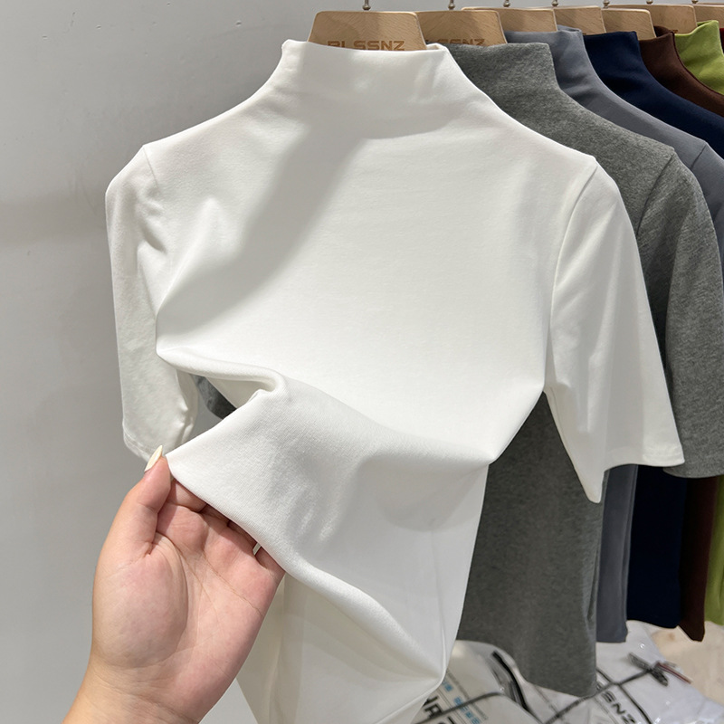 Camiseta legging de cuello medio alto para mujeres 2025 primavera nueva moda exterior delgada camiseta interior se puede usar camisa de manga corta
