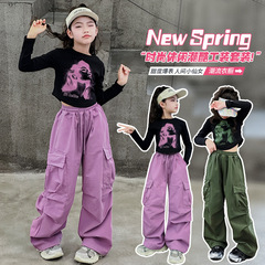 女童春秋工裝套裝2024新款大童網紅時髦爵士舞練功服兒童運動裝潮