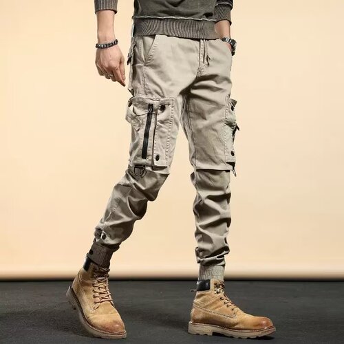 American Khaki Work Pants for Men, Rugged and Trendy, Spring and Autumn Casual Men's Loose Small Foot Tied Pants