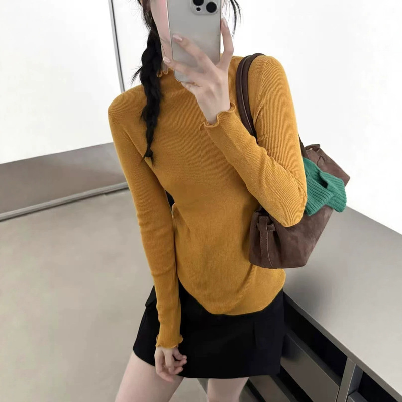 2026 Korean-style lace collar slim-fit, figure-flattering, ruffled trim, pullover knit base layer top for women, soft and comfortable, trendy