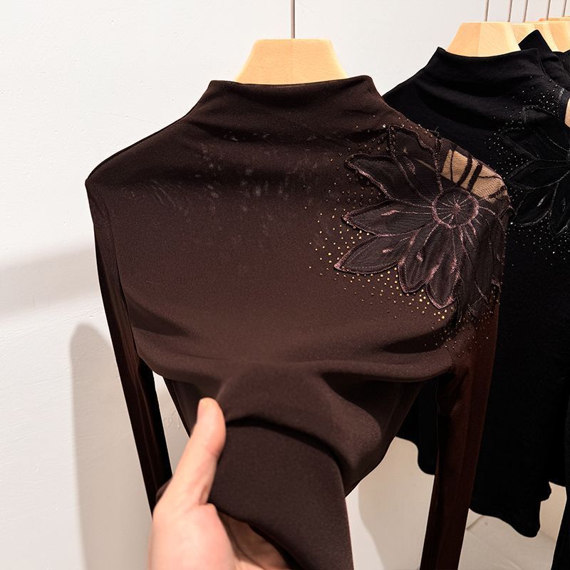 Women's long-sleeved lace half-high collar base shirt, new early autumn fashion stylish top with mesh T-shirt lining