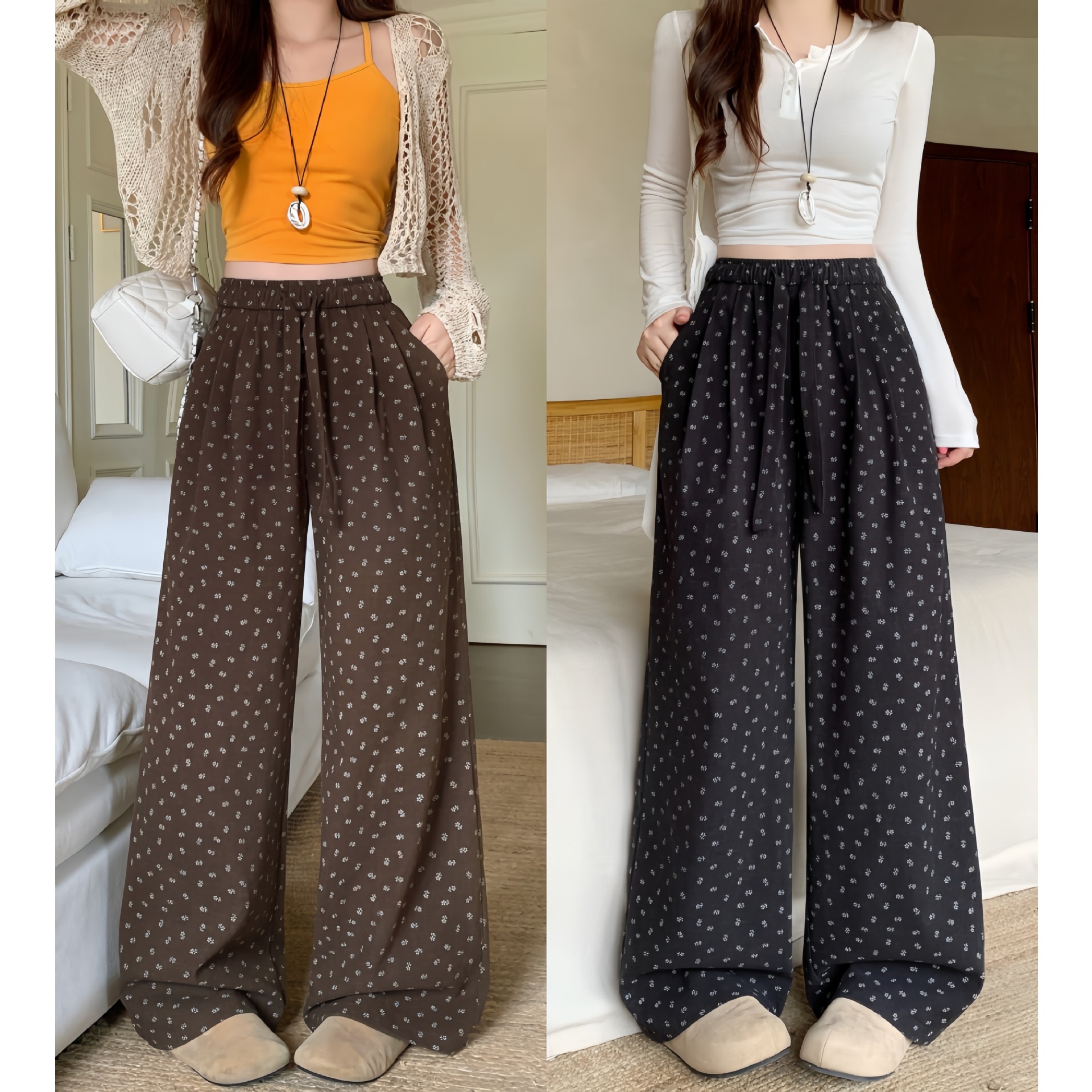 Real Shot of 2026 Autumn Plus-Size Floral Wide-Leg Pants with Drawstring, Drapey and Slimming Casual Pants 81578