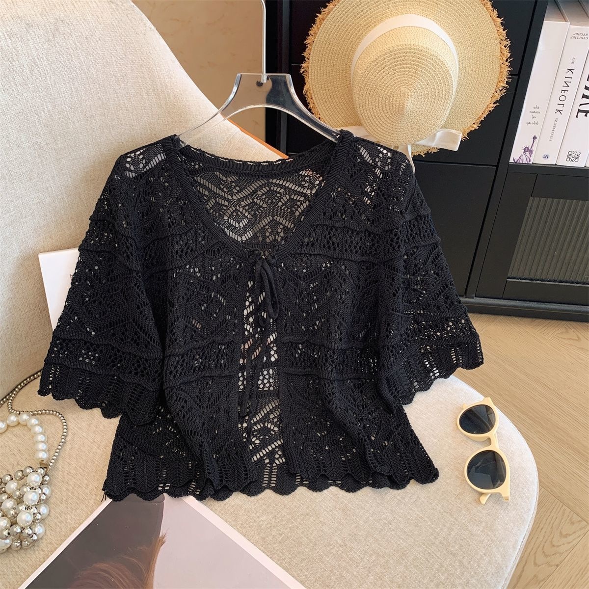 撤回剪标镂空系带短袖针织开衫女夏季新款韩版宽松外搭小披肩