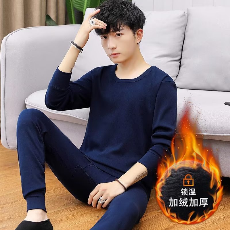 Warm Suit Ordinary Round Neck Fashion Long Sleeve New Men's Solid Color Underwear Fashion Simple Popular Pants Lazy