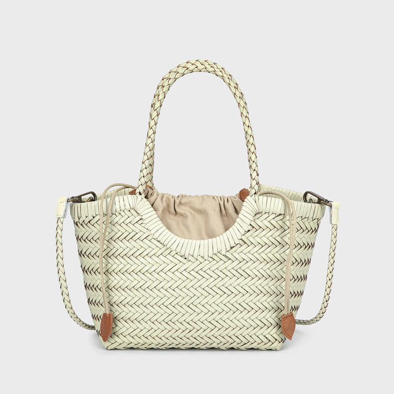 2026 Spring/Summer New Woven Market Basket Shoulder Crossbody Bag For Women Retro Genuine Leather Handbag Vacation Style Bag - Thumbnail 3