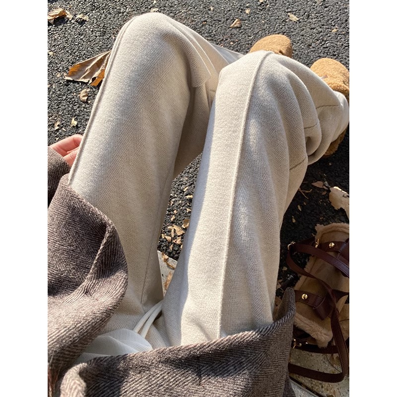 Pantalones de piernas anchas de lana blanca de arroz para mujeres otoño y invierno 2024 cintura alta casual pantalones rectos y estrechos pantalones de traje de herringbone