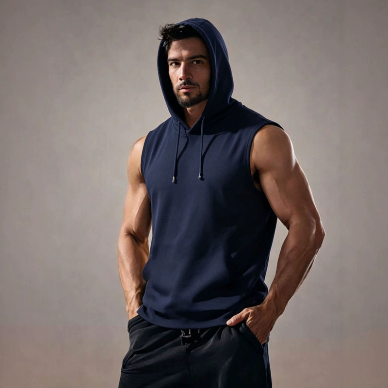 Amazon 2026 Summer Men's Versatile Slim Fit Fashion Sports Fitness Top Solid Color Sleeveless Hoodie in Stock