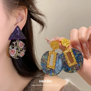 欧美复古树脂几何印花耳钉轻奢高级感百搭耳环设计感小众耳饰批发