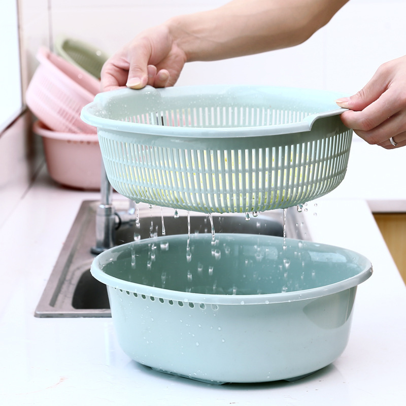 Double-layer Vegetable Large Basket, Kitchen Plastic Perforated Rice Washing And Multi-purpose Draining Basket Set,_voghion.com