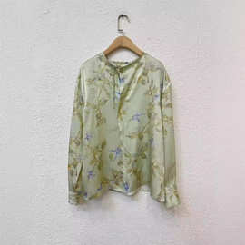 VINC& 24早春宽大设计色彩质感细节印花丝缎真丝衬衫女