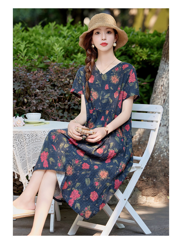 Đầm maxi nữ cotton linen in họa tiết thắt eo 2025 — Màu ảnh 03, Màu ảnh 04, Màu ảnh 01, Màu ảnh 02 chi tiết 3