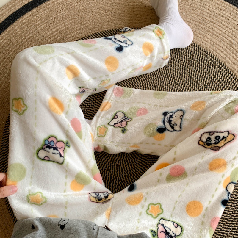 Pantalones de pijama de franela de dibujos animados de otoño y invierno para mujeres con pantalones de lana de coral caliente para estudiantes de lana de invierno para el hogar