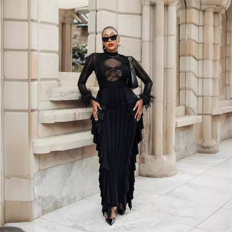 Foreign Trade Black Sexy Garden Collar Feather Long Sleeve Slim Fit Pleated Long dress Party Party Dress