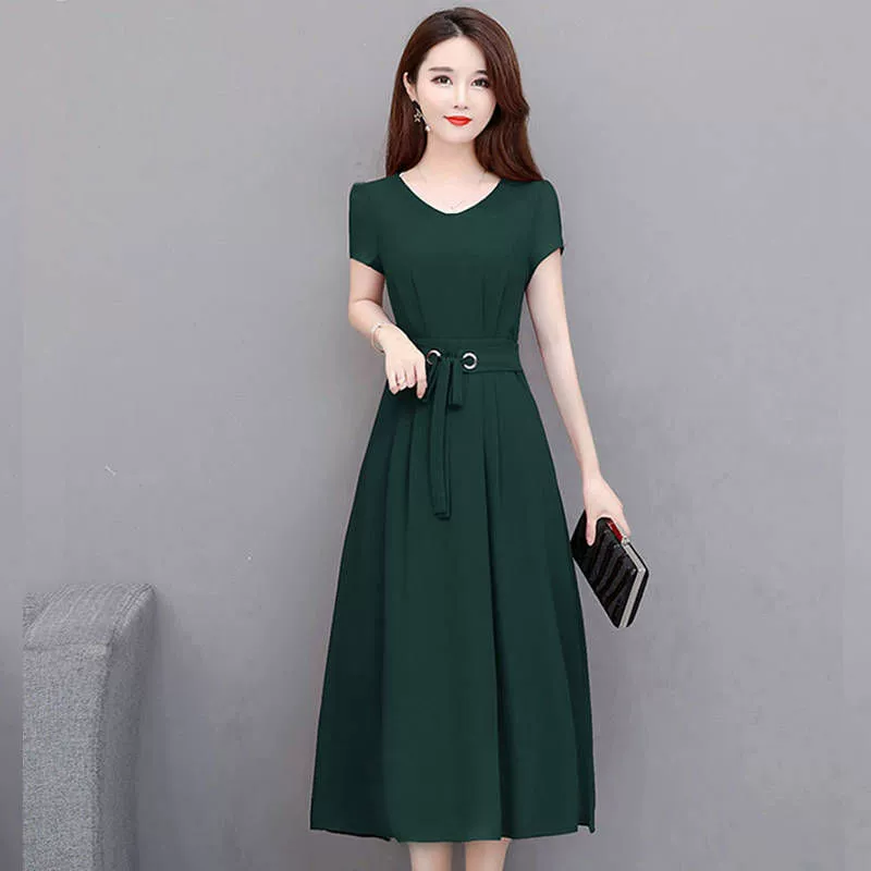 Платье длинное A‑образное миди, plus size, короткий рукав с приталенным поясом