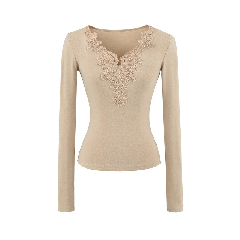 French-Style Versatile Lace Trim Slim-Fit Long-Sleeve T-Shirt for Women, New Spring Vintage Elegant V-Neck Regular Shoulder Base Shirt