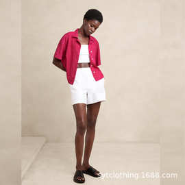 麻棉女装上衣 外贸短袖落肩衬衣 亚麻衬衫定制 女孩短款上衣定做