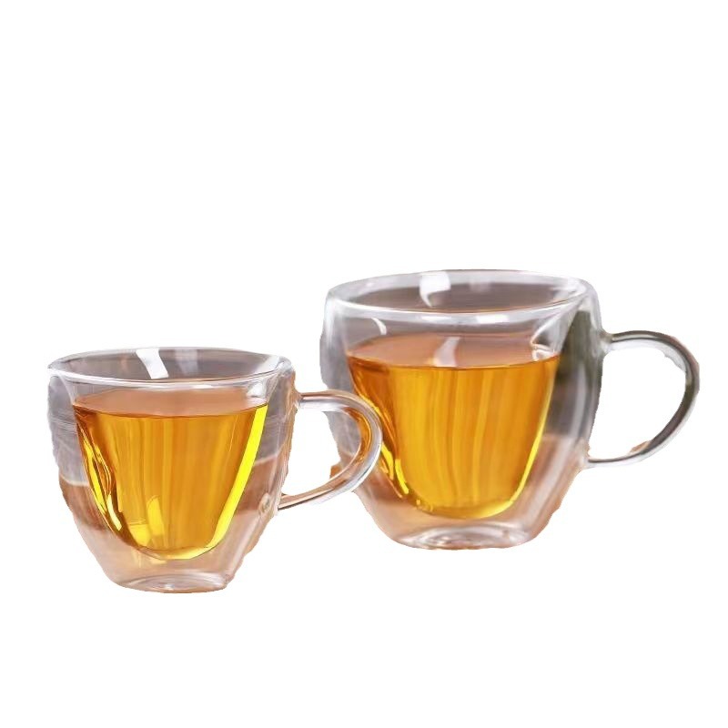 En stock vidrio en forma de corazón de doble capa taza café leche taza borosilicato de doble capa en forma de corazón taza de jugo transparente fábrica al por mayor