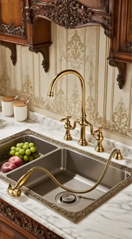 All-Copper French Retro Bridge-Style Kitchen Hot and Cold Faucet, Rotatable Three-Hole Cross-Border Dual-Handle with Spray Gun, American Style