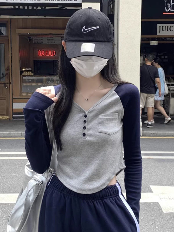 韩系小个子v领长袖T恤女装秋季新款撞色插肩修身内搭正肩短款上衣|undefined