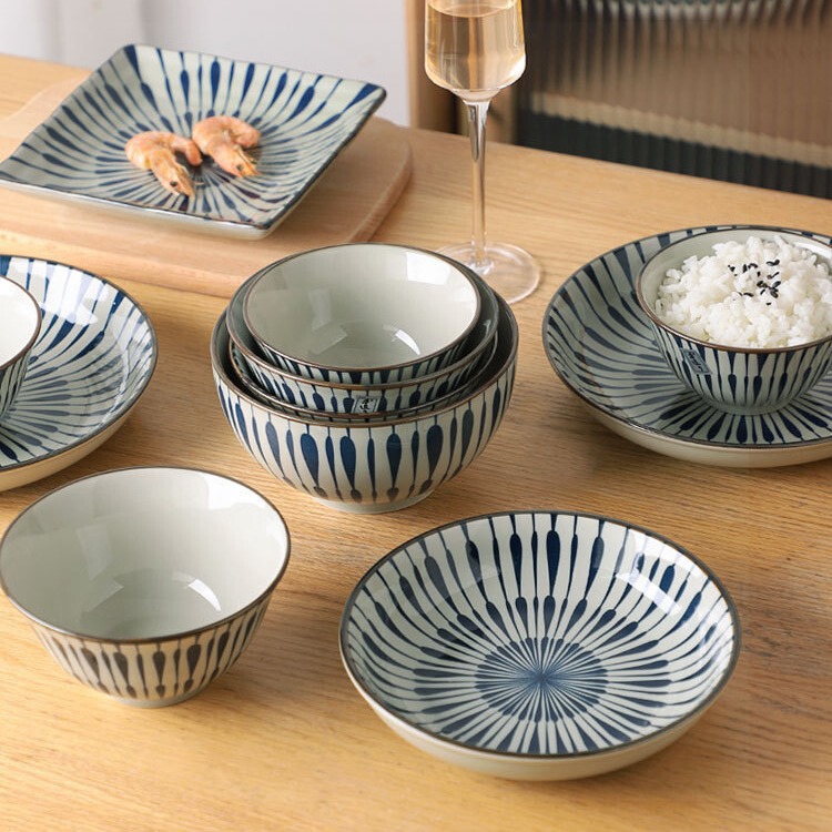 Japanese-Style Ceramic Bowl and Plate Set for Home Use, New Striped Rice Bowl, Trendy New Year Tableware, Housewarming Bowl and Chopsticks Set, Bowl and Plate
