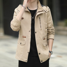 春秋季纯棉水洗夹克男宽松休闲新款风衣中长款工装多口袋外套大码