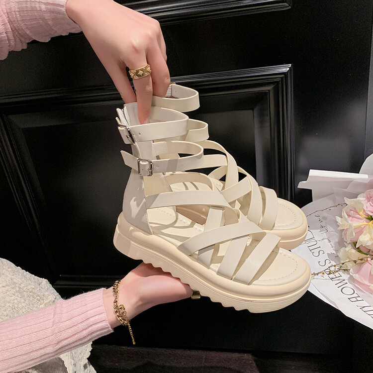 Sandal đế dày nữ da bò quai chéo hở ngón cao cổ mùa hè — Màu đen, Màu trắng be chi tiết 13