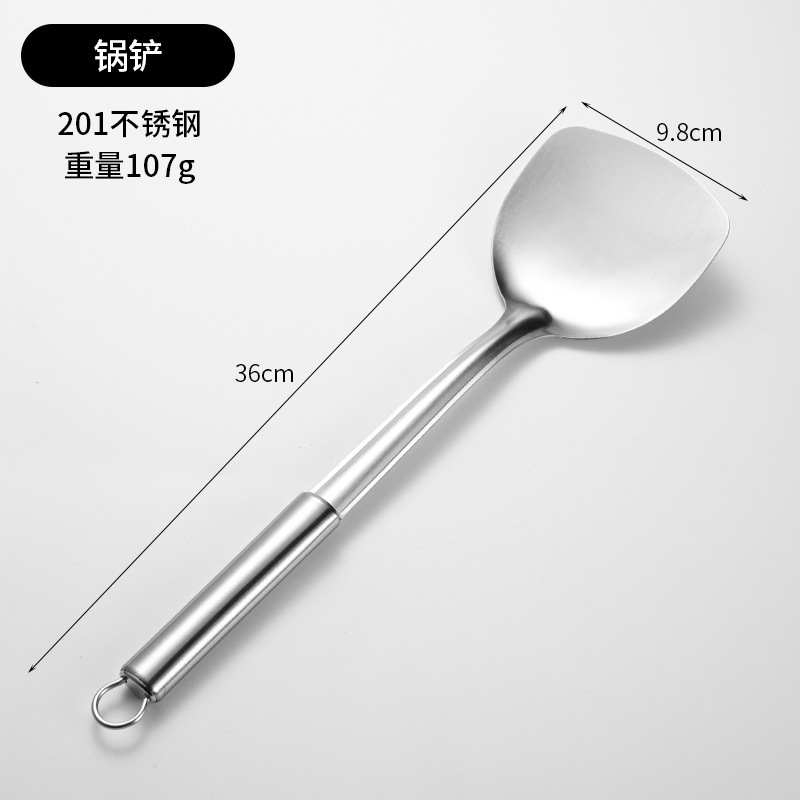 Juego de utensilios de cocina de acero inoxidable con espátula, pala de cocina, cuchara, colador, cuchara, cuchara, pala de freír de tubo redondo, lote de 6 piezas