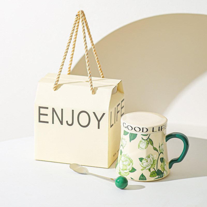 Taza de agua de cerámica de orquídea de campana, taza de café de gran capacidad, taza de desayuno con tapa de diseño, taza de café